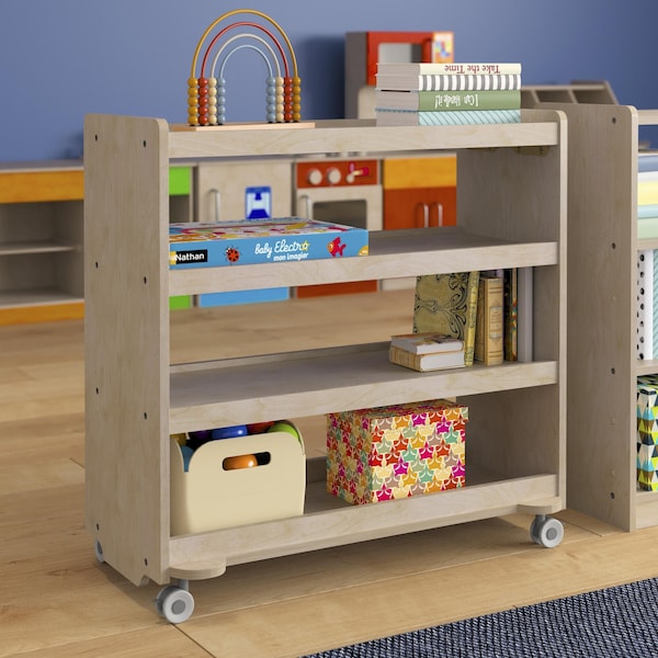 Flash Furniture Bright Beginnings Commercial Grade Space Saving 4 Shelf Wooden Mobile Classroom Storage Cart with Locking Caster Wheels, Kid Friendly Design, Natural - MK-KE24114-GG