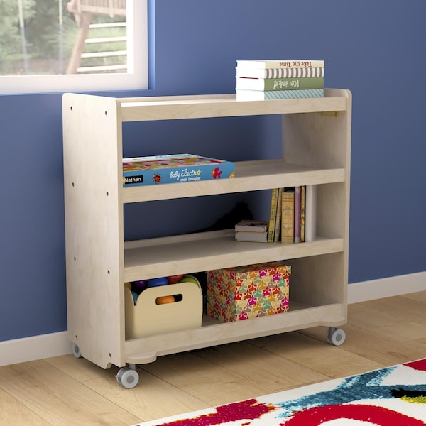 Flash Furniture Bright Beginnings Commercial Grade Space Saving 4 Shelf Wooden Mobile Classroom Storage Cart with Locking Caster Wheels, Kid Friendly Design, Natural - MK-KE24114-GG