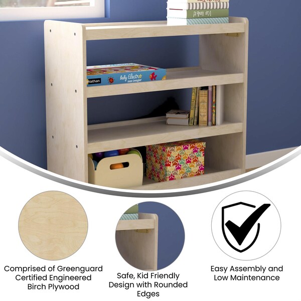 Flash Furniture Bright Beginnings Commercial Grade Space Saving 4 Shelf Wooden Mobile Classroom Storage Cart with Locking Caster Wheels, Kid Friendly Design, Natural - MK-KE24114-GG