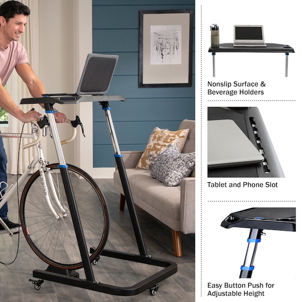 Rad Sportz Adjustable Bike Desk - Rolling Laptop Cart for Stationary Bike or Trainer - Exercise While Working - 83-DT5086