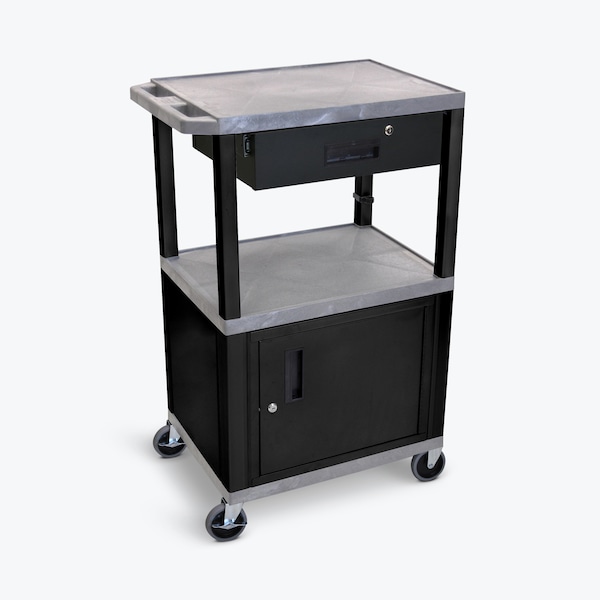 Luxor AV Cart - 42"H - Three Shelves with Cabinet, Drawer and Electric - WT42GYC2E-B/WTD