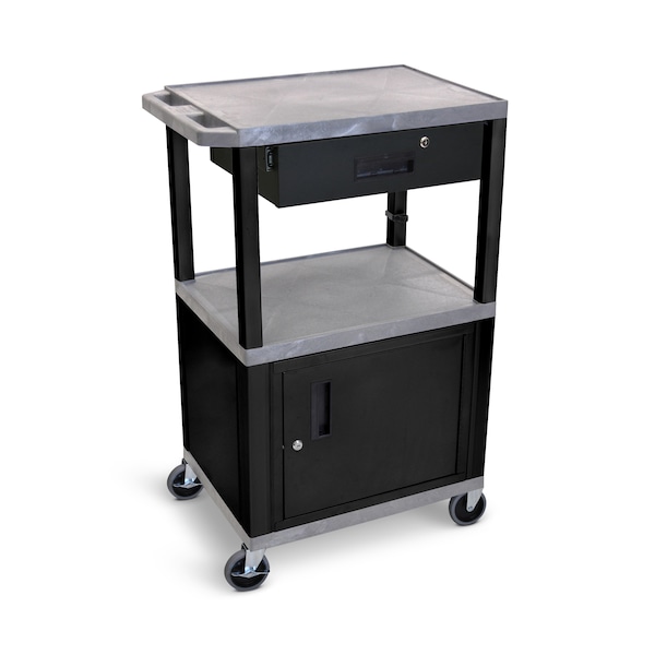 Luxor AV Cart - 42"H - Three Shelves with Cabinet, Drawer and Electric - WT42GYC2E-B/WTD