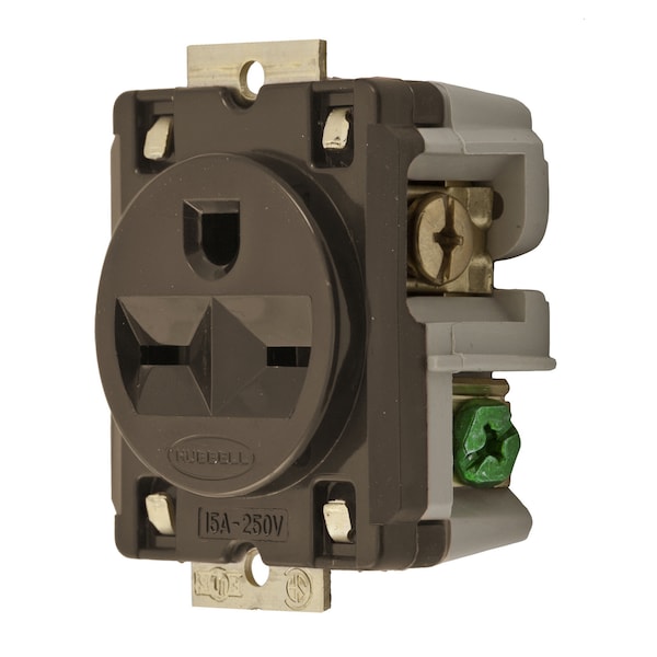 Dispositivos de lámina recta, receptáculos, grado de especificación, montaje en panel individual, 2 polos 3 hilos de puesta a tierra, 15A 250V, 6-15R, café, paquete individual - HBL5684