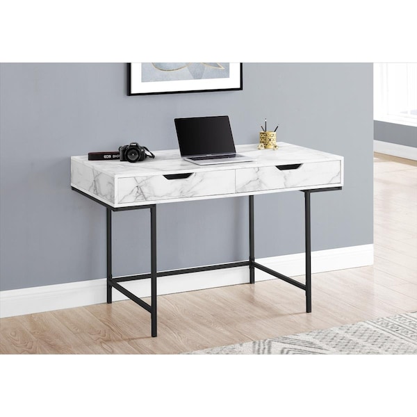Kd Cuna 48 in. White Marble Look Computer Desk Black Metal - KD3598943