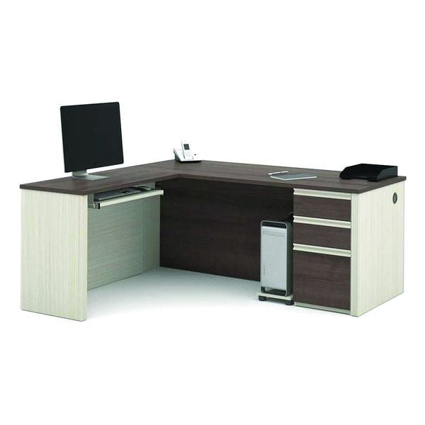 Bestar L Shaped Desk L-Shape Workstation, 69.2" D X 30.4" H, 71.1" W X Melamine, White/Chocolate - 99860-52