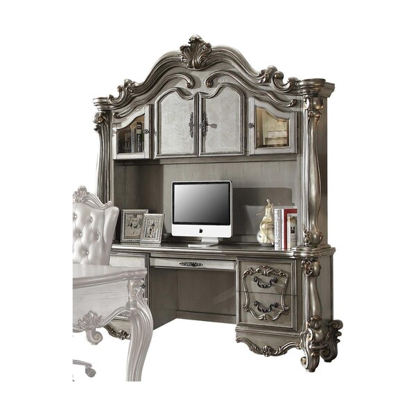 Homeroots 21 x 76 x 92 in. Antique Platinum Wood Poly Resin Glass Computer Desk & Hutch - 348665