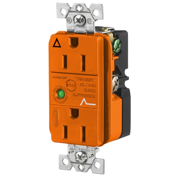 Dispositivos de Protección contra Sobretensiones de Hubbell Wiring Device-Kellems, toma de corriente Duplex SPIKESHIELD IG TVSS con luz y alarma, 15A 125V, 5-15R, Naranja - IG5262OSA