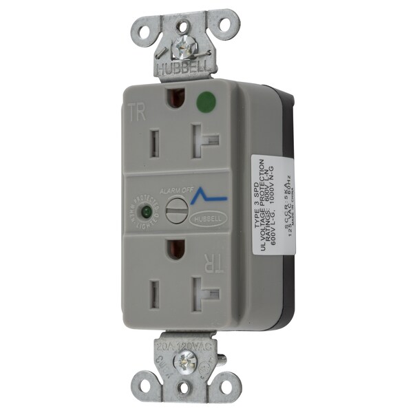 Dispositivos de hoja recta Hubbell Wiring Device-Kellems, Dúplex decorativo, Grado hospitalario, SNAP-Connect, supresión de sobretensiones, resistente a manipulaciones, indicador LED, 20A 125V - SNAP8362GYS