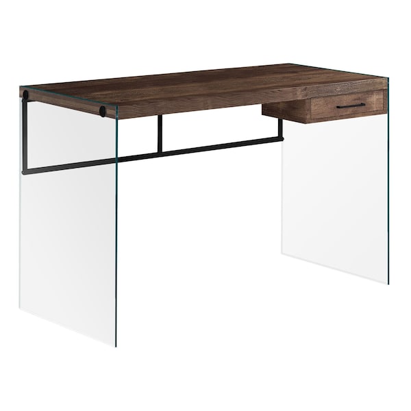 Homeroots 30 in. Brown Particle BoardBlack Metal & Clear Tempered Glass Computer Desk - 333541