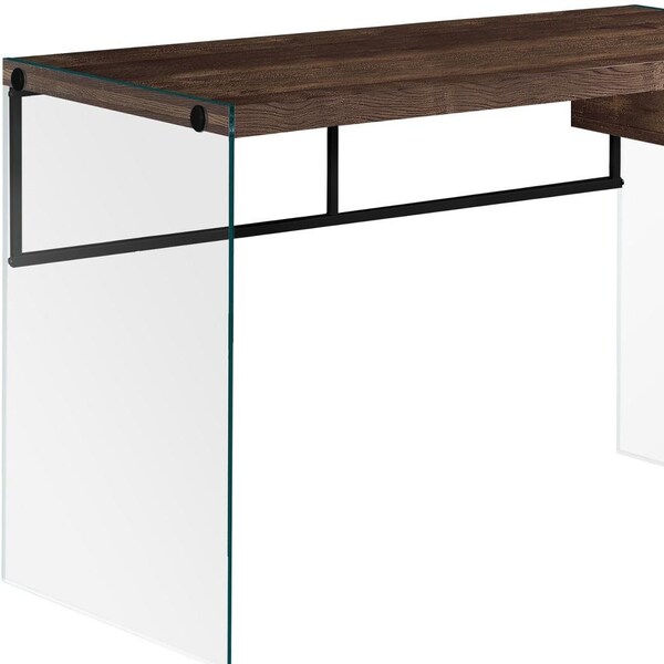 Homeroots 30 in. Brown Particle BoardBlack Metal & Clear Tempered Glass Computer Desk - 333541
