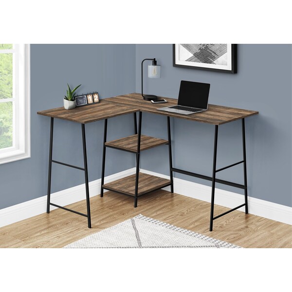 Monarch Specialties Computer Desk, Home Office, Corner, Storage Shelves, 48"L, L Shape, Work, Laptop, Metal, Brown - I 7593