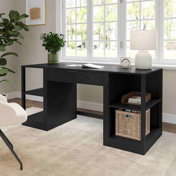 Martha Stewart Kayden Single-Drawer Desk w/Dual 2 Tier Shelves in Black w/Oil Rubbed Bronze Hardware - KHO-23042-TBSF2-BK-BK-MS