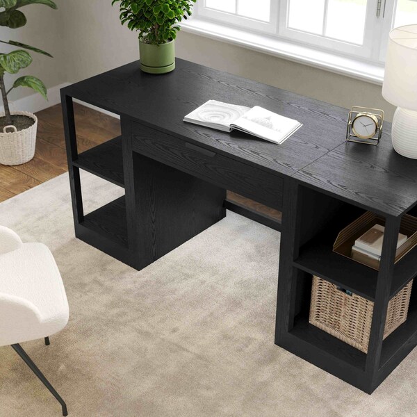 Martha Stewart Kayden Single-Drawer Desk w/Dual 2 Tier Shelves in Black w/Oil Rubbed Bronze Hardware - KHO-23042-TBSF2-BK-BK-MS