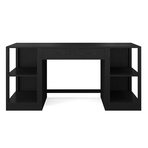 Martha Stewart Kayden Single-Drawer Desk w/Dual 2 Tier Shelves in Black w/Oil Rubbed Bronze Hardware - KHO-23042-TBSF2-BK-BK-MS