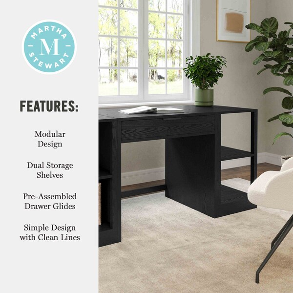 Martha Stewart Kayden Single-Drawer Desk w/Dual 2 Tier Shelves in Black w/Oil Rubbed Bronze Hardware - KHO-23042-TBSF2-BK-BK-MS