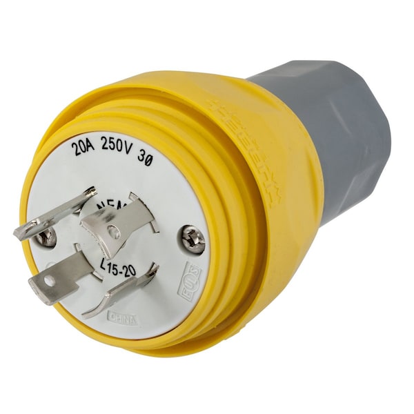 Dispositivo de bloqueo Bryant, Elastomérico, Macho, 20A 3 fases 250V CA, 3 polos 4 cables a tierra, L15-20P - BRY26W75