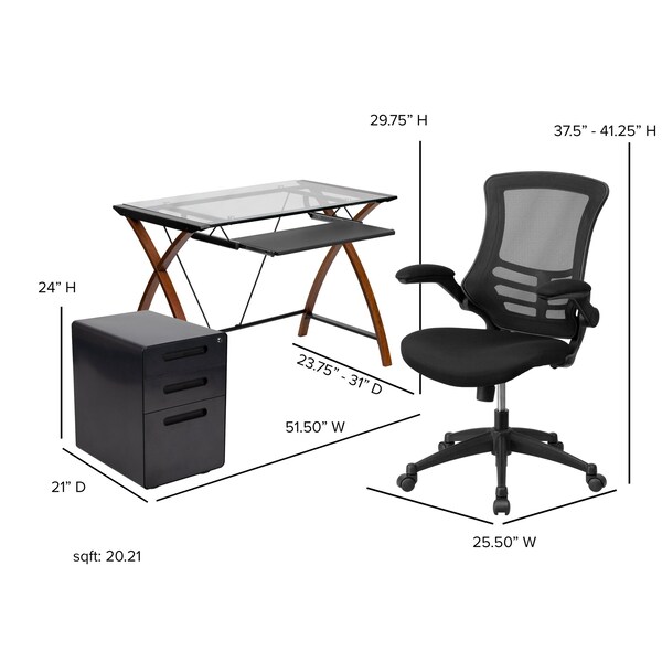 Flash Furniture Glass Desk, Chair, Cabinet Set - BLN-NAN28APX5-BK-GG