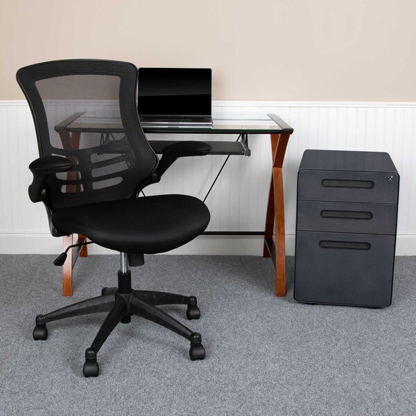 Flash Furniture Glass Desk, Chair, Cabinet Set - BLN-NAN28APX5-BK-GG