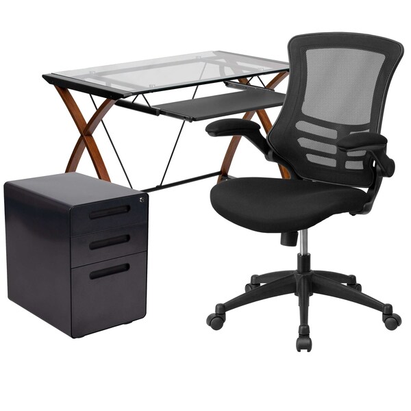 Flash Furniture Glass Desk, Chair, Cabinet Set - BLN-NAN28APX5-BK-GG