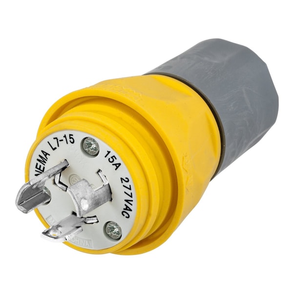 Dispositivo de bloqueo Bryant, conector macho, 15A 277V AC, 2 polos 3 cables a tierra, L7-15P, terminal de tornillo, color amarillo - BRY24W34