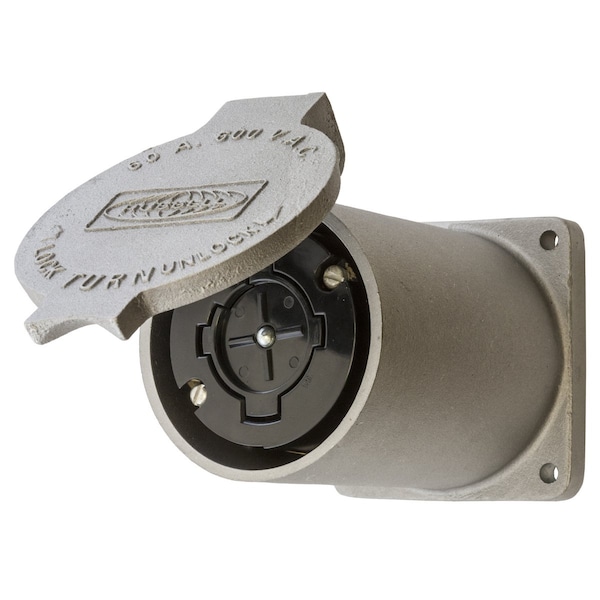 Dispositivos de bloqueo Hubbell Wiring Device-Kellems, Hubbellock, Industrial, Receptáculo, 60A 600V AC, 3 polos 4 cables de puesta a tierra, No NEMA, Terminal con tornillo, Aluminio fundido, Carcasa larga - HBL26420
