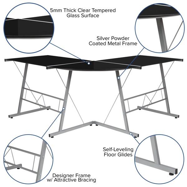 Flash Furniture Black Glass L-Shape Corner Computer Desk - NAN-CD-22181-BK-GG