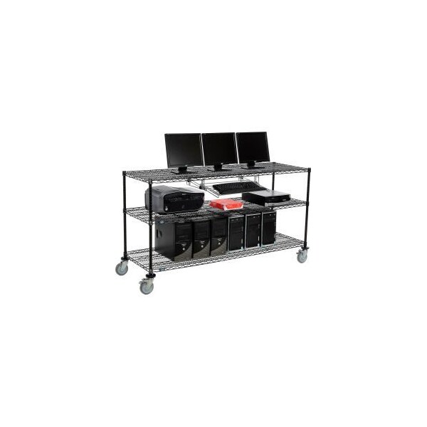 Global Equipment Nexel     3-Shelf Mobile Wire Computer LAN Workstation w/Keyboard Tray, 72"W x 24"D x 40"H, Black - 695382BK
