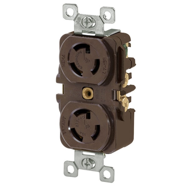 Dispositivo de bloqueo Bryant, Receptáculo dúplex, 15A 277V AC, 2 polos 3 cables a tierra, L7-15R, Terminal de tornillo, Color café - 4750DR