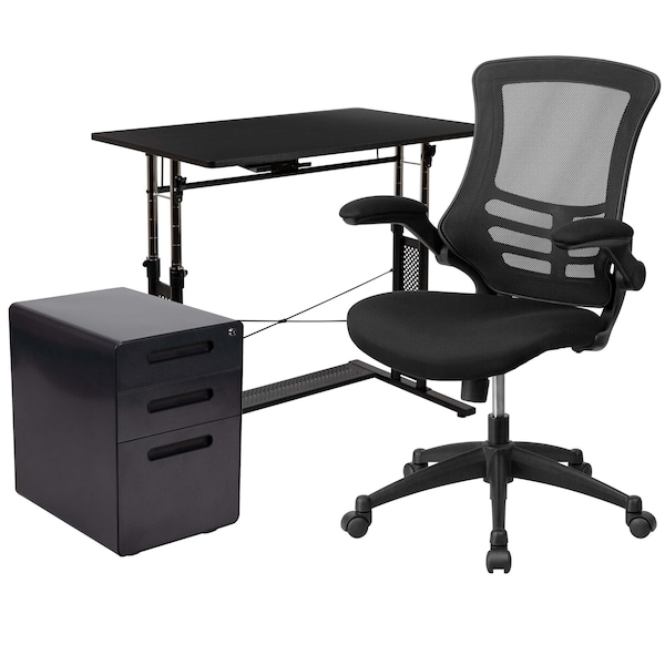 Flash Furniture Black Desk, Chair, Cabinet Set - BLN-NAN21APX5L-BK-GG
