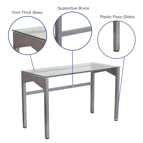Flash Furniture Contemporary Desk Glass Top Desk w/Supportive Brace, 21-3/4" D X 29-1/4" H, 47-1/4" W X - NAN-YLCD1219-GG