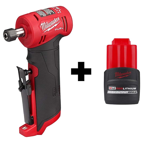Milwaukee Tool Die Grinder, 12V DC, Max. Speed 24,500 RPM, 2.5 Ah Battery Included - 2485-20, 48-11-2425