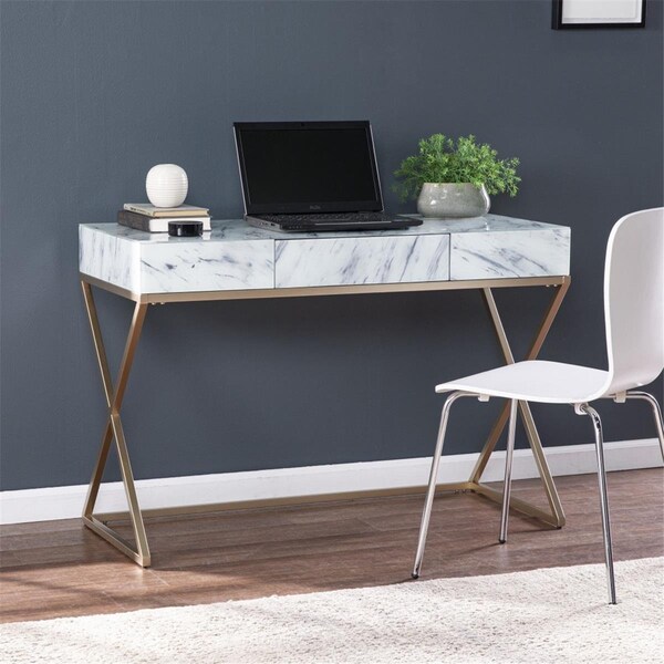 Homeroots Faux Marble Writing Desk with Storage - 402028