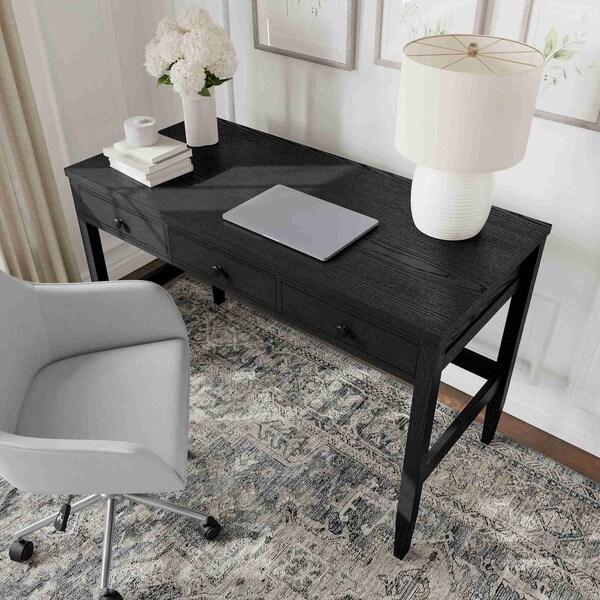Martha Stewart Rhett Home Office 3 Drawer Desk w/Tapered Legs in Black w/Oil Rubbed Bronze Hardware - NAN-PS-23504-BK-BK-MS