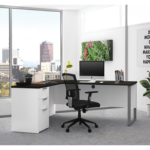 Bestar L Shaped Desk L-Desk, ProConcept Plus, Metal Leg, Wht/Gry, 68.9" D X 29.7" H, 71.1" W X Melamine - 110891-17