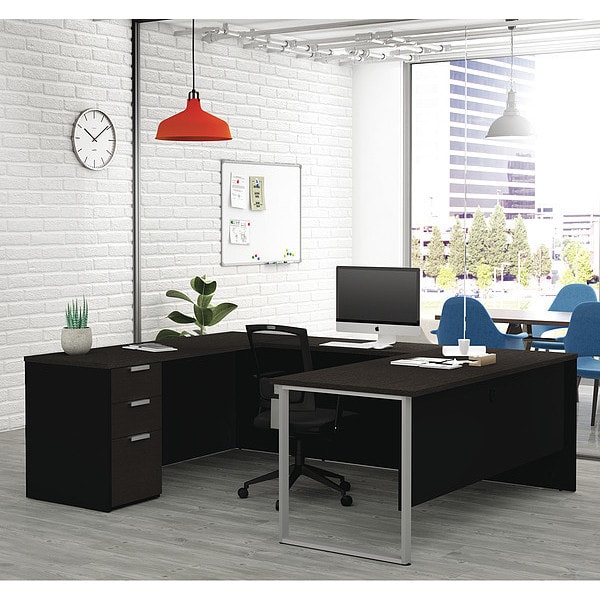 Bestar U Shaped Desk Plus U Desk, Pro Concept, Deep Grey/Black, 92.4" D X 29.7" H, 71.1" W X Melamine - 110888-32