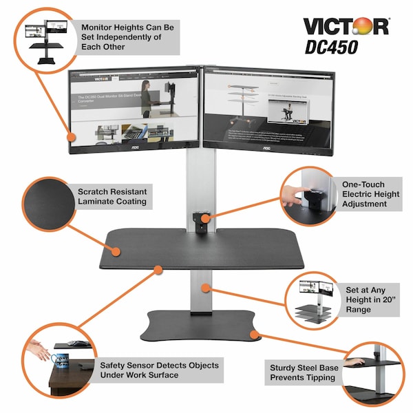 Victor Technology Electric Dual Monitor Standing Desk Electric Sit-Stand Desk, 23 in D X 28 in W X Black, Aluminum - DC450