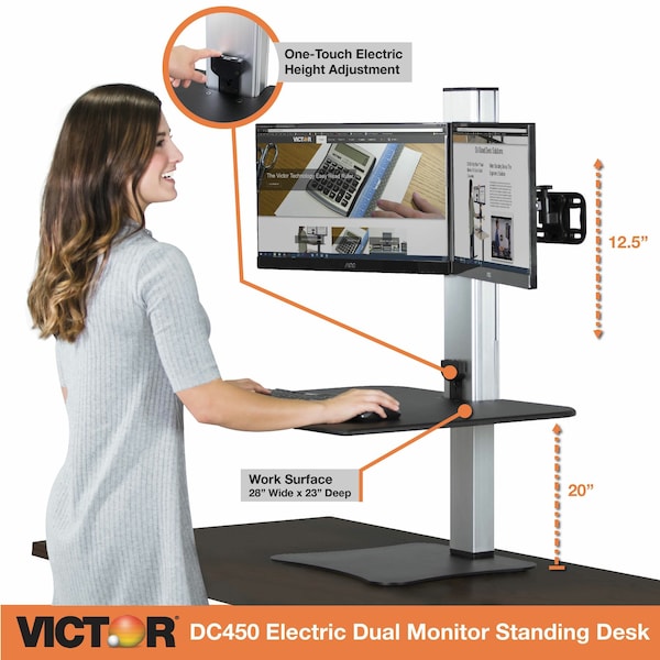 Victor Technology Electric Dual Monitor Standing Desk Electric Sit-Stand Desk, 23 in D X 28 in W X Black, Aluminum - DC450