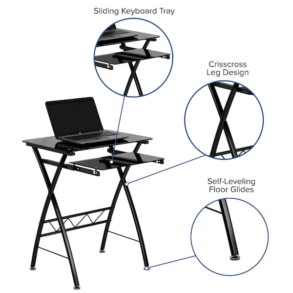 Flash Furniture Computer Desk Office Desk, 17.688" D X 29.813" H, 23.5" W X Metal, Table Top: Glass, Black - NAN-CP-60-GG