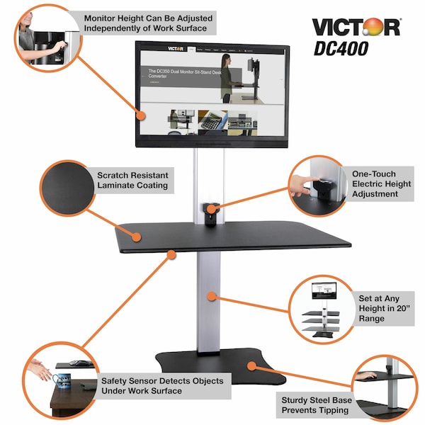 Victor Technology Electric Single Monitor Standing Desk Electric Sit-Stand Desk, 23 in D X Yes H, 28 in W X - DC400