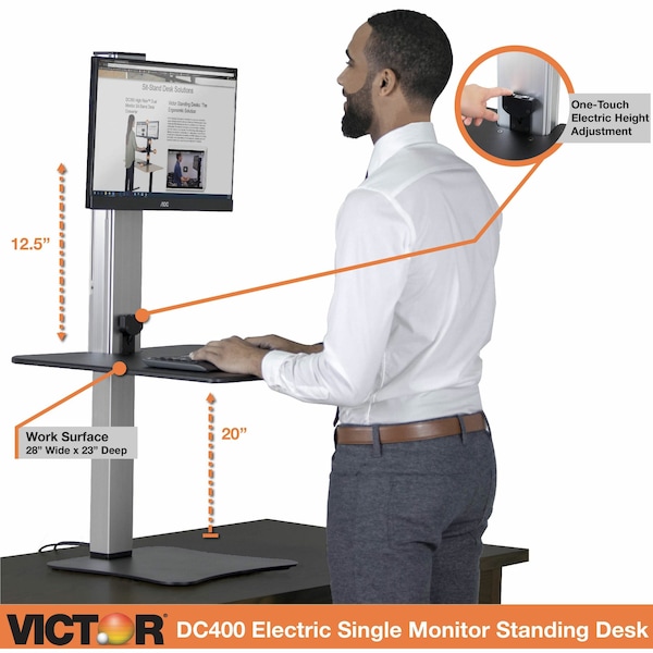 Victor Technology Electric Single Monitor Standing Desk Electric Sit-Stand Desk, 23 in D X Yes H, 28 in W X - DC400
