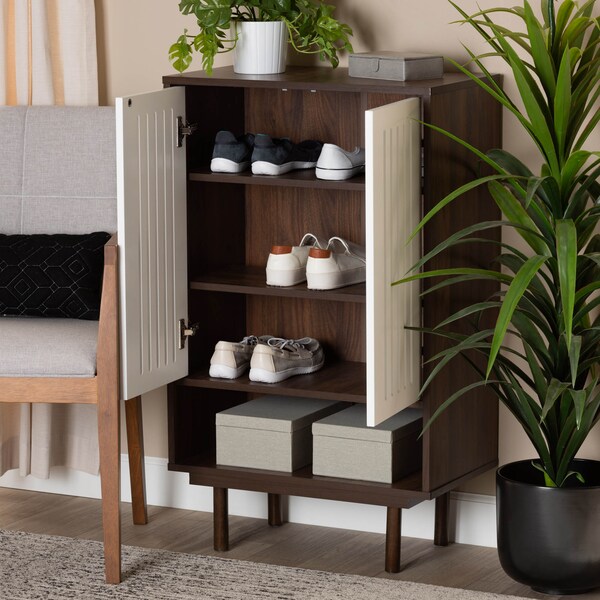 Baxton Studio Meike Two-Tone Walnut Brown and White Wood 2-Door Shoe Cabinet - 169-10748