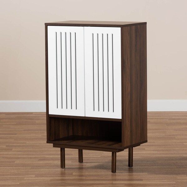 Baxton Studio Meike Two-Tone Walnut Brown and White Wood 2-Door Shoe Cabinet - 169-10748