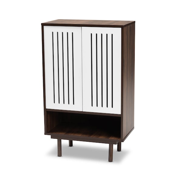 Baxton Studio Meike Two-Tone Walnut Brown and White Wood 2-Door Shoe Cabinet - 169-10748