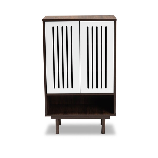 Baxton Studio Meike Two-Tone Walnut Brown and White Wood 2-Door Shoe Cabinet - 169-10748