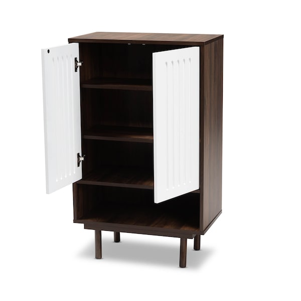 Baxton Studio Meike Two-Tone Walnut Brown and White Wood 2-Door Shoe Cabinet - 169-10748