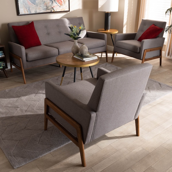 Baxton Studio Perris Grey Upholstered Walnut Finished Wood 3-PC Living Room Set - 160-10252-8741
