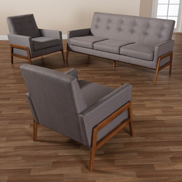 Baxton Studio Perris Grey Upholstered Walnut Finished Wood 3-PC Living Room Set - 160-10252-8741