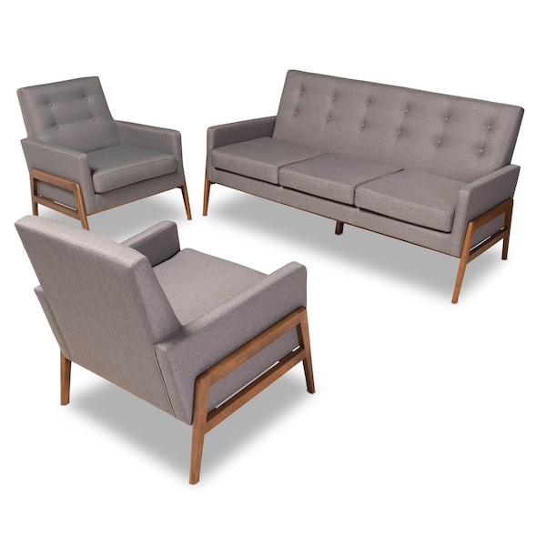 Baxton Studio Perris Grey Upholstered Walnut Finished Wood 3-PC Living Room Set - 160-10252-8741