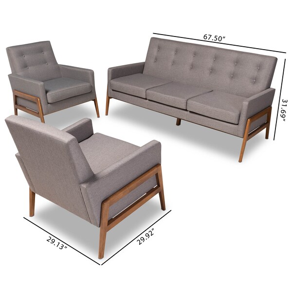 Baxton Studio Perris Grey Upholstered Walnut Finished Wood 3-PC Living Room Set - 160-10252-8741