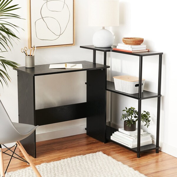 Acme Wooden Top Writing Desk with Built-in Right Side Bookcase in Black - ER-0126BK